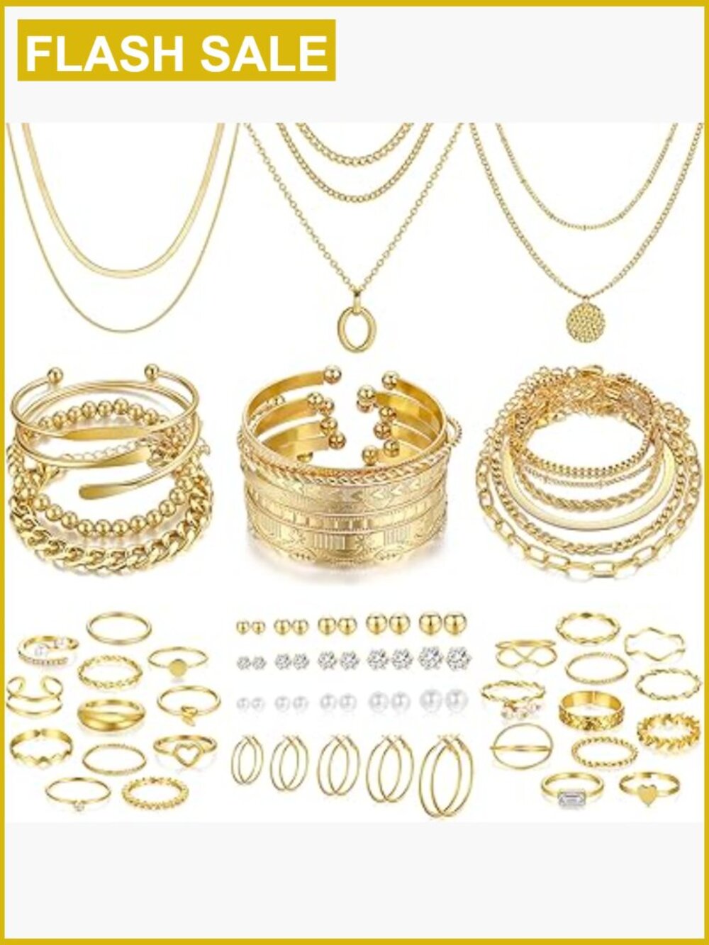 68 Pc Gold Jewelry Set for Women - Necklaces, Bracelets, Earrings, Rings